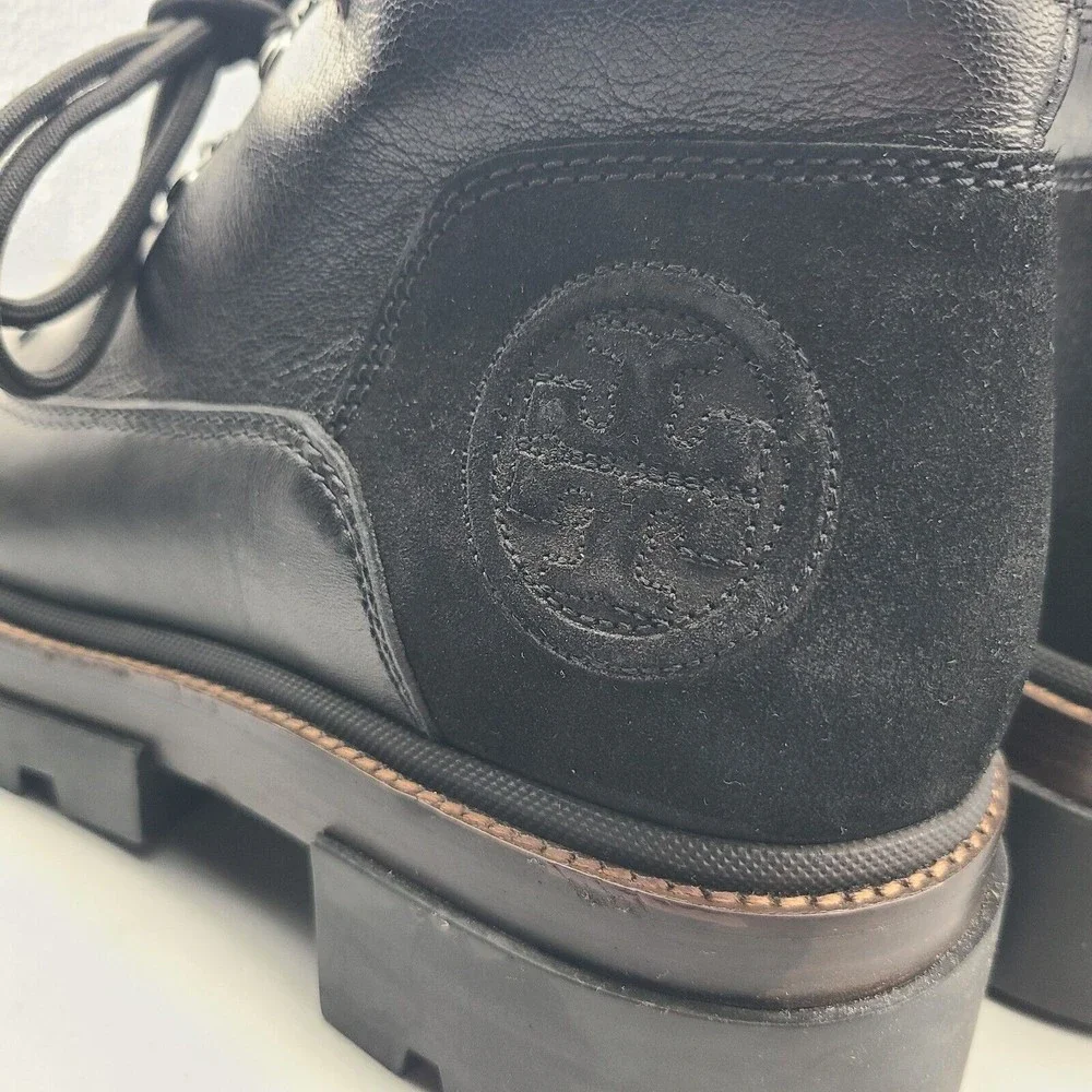 Tory Burch Women Boots Miller Lug Hiker Combat Black Lace Leather Logo 9.5 New